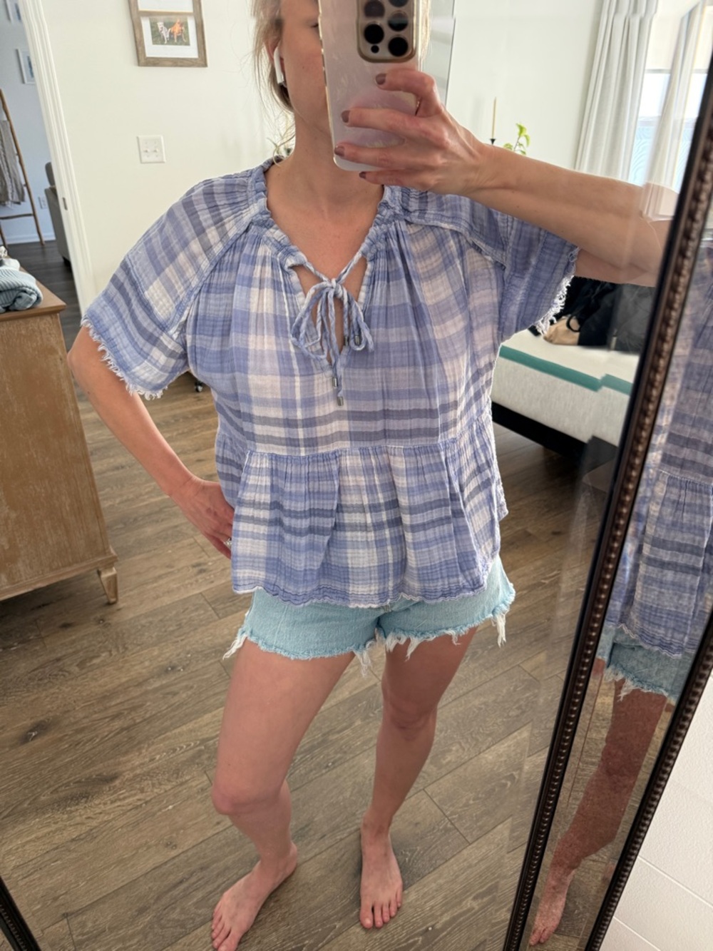 Pilcro Light Blue Plaid Peasant Top